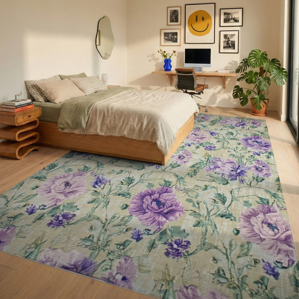 Floral Print Lavender and Beige Rug - Bedroom View