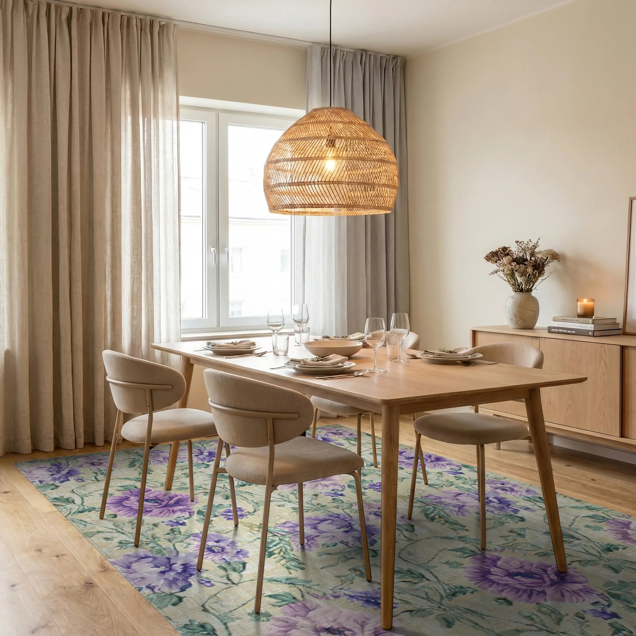 Floral Print Lavender and Beige Rug - Dining Room View
