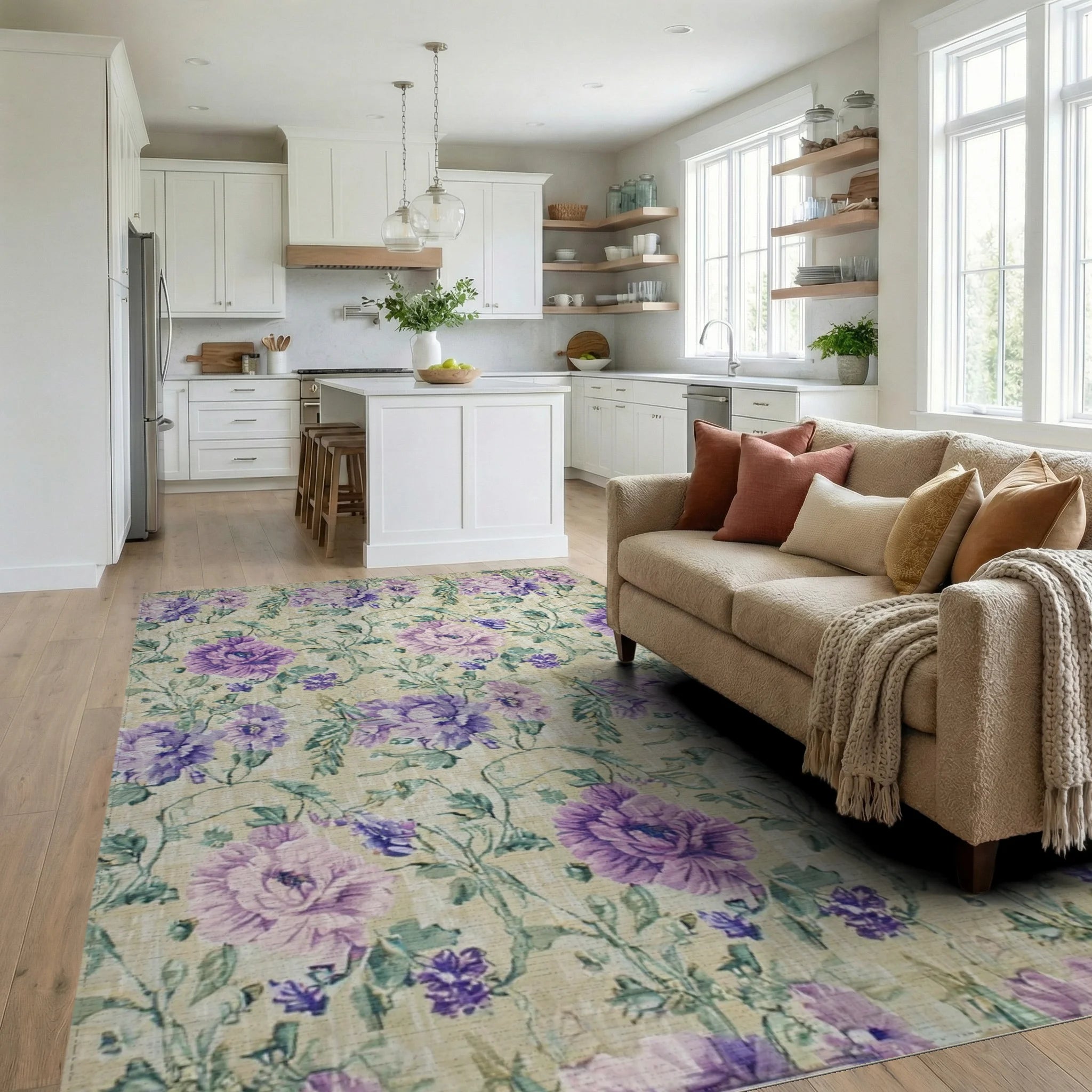 Floral Print Lavender and Beige Rug - Living Room View