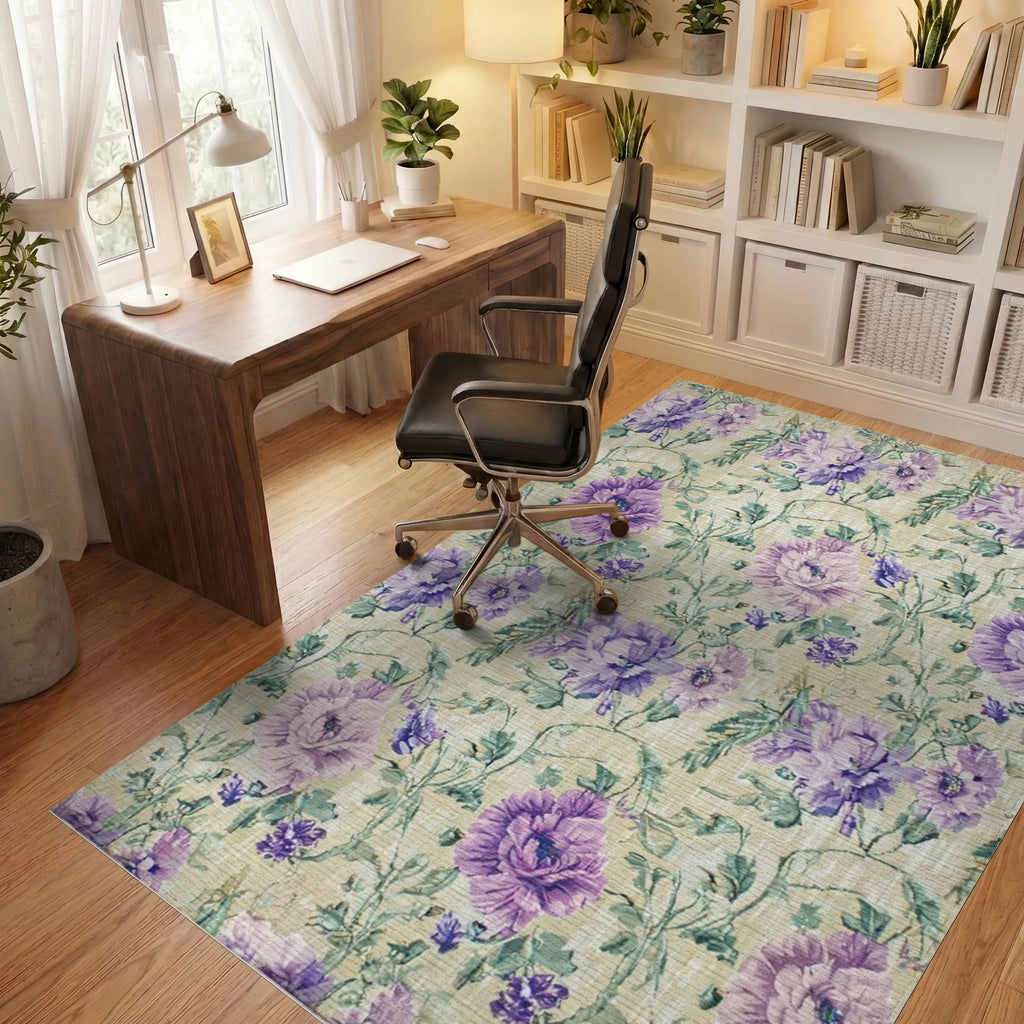 Floral Print Lavender and Beige Rug - Office View