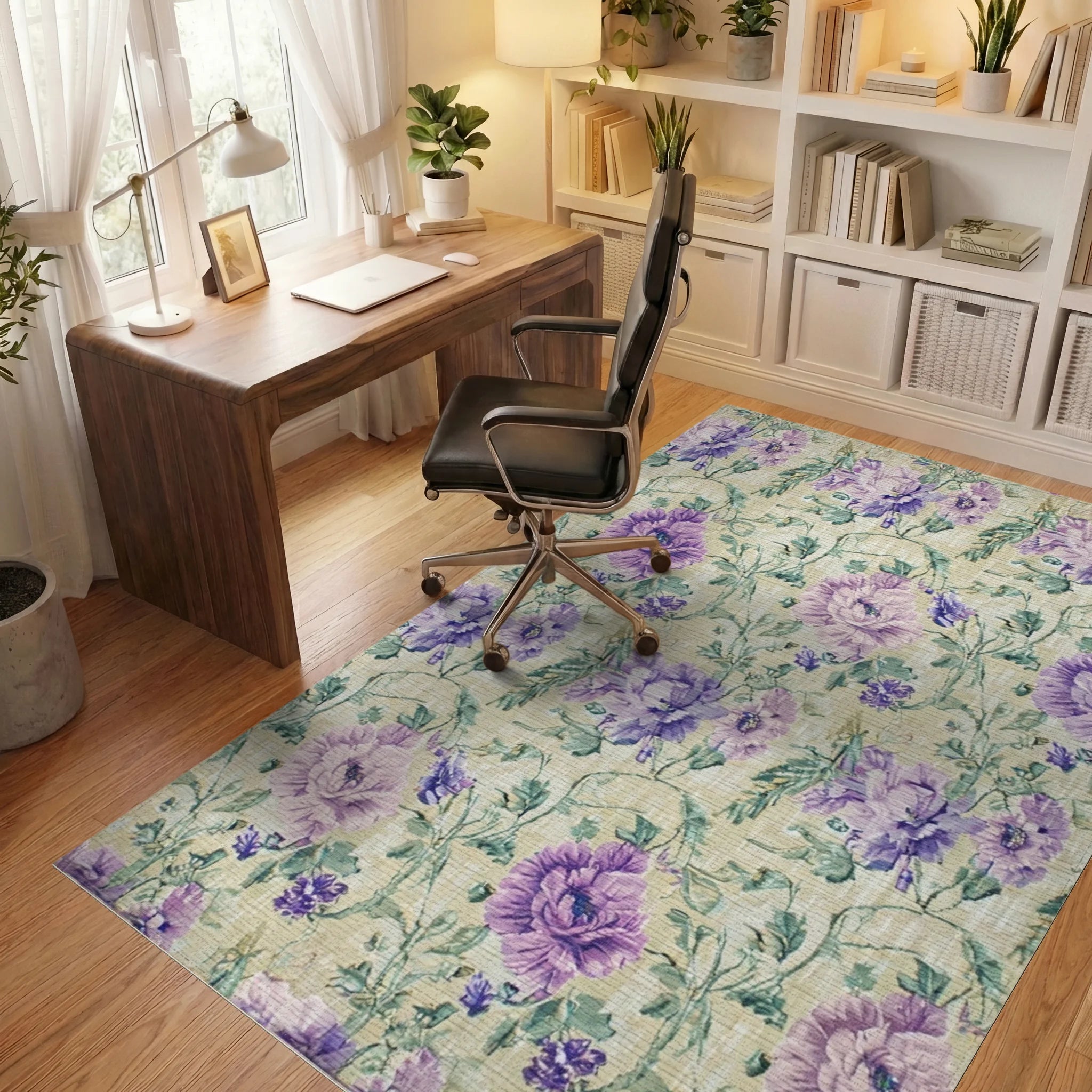 Floral Print Lavender and Beige Rug - Office View
