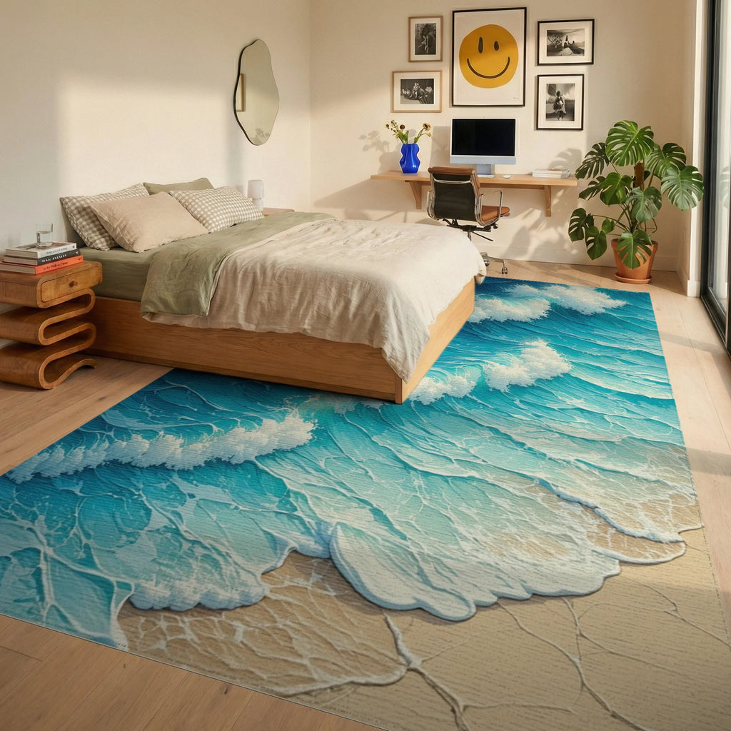 Foamy Crashing Turquoise Waves Rug - Bedroom View