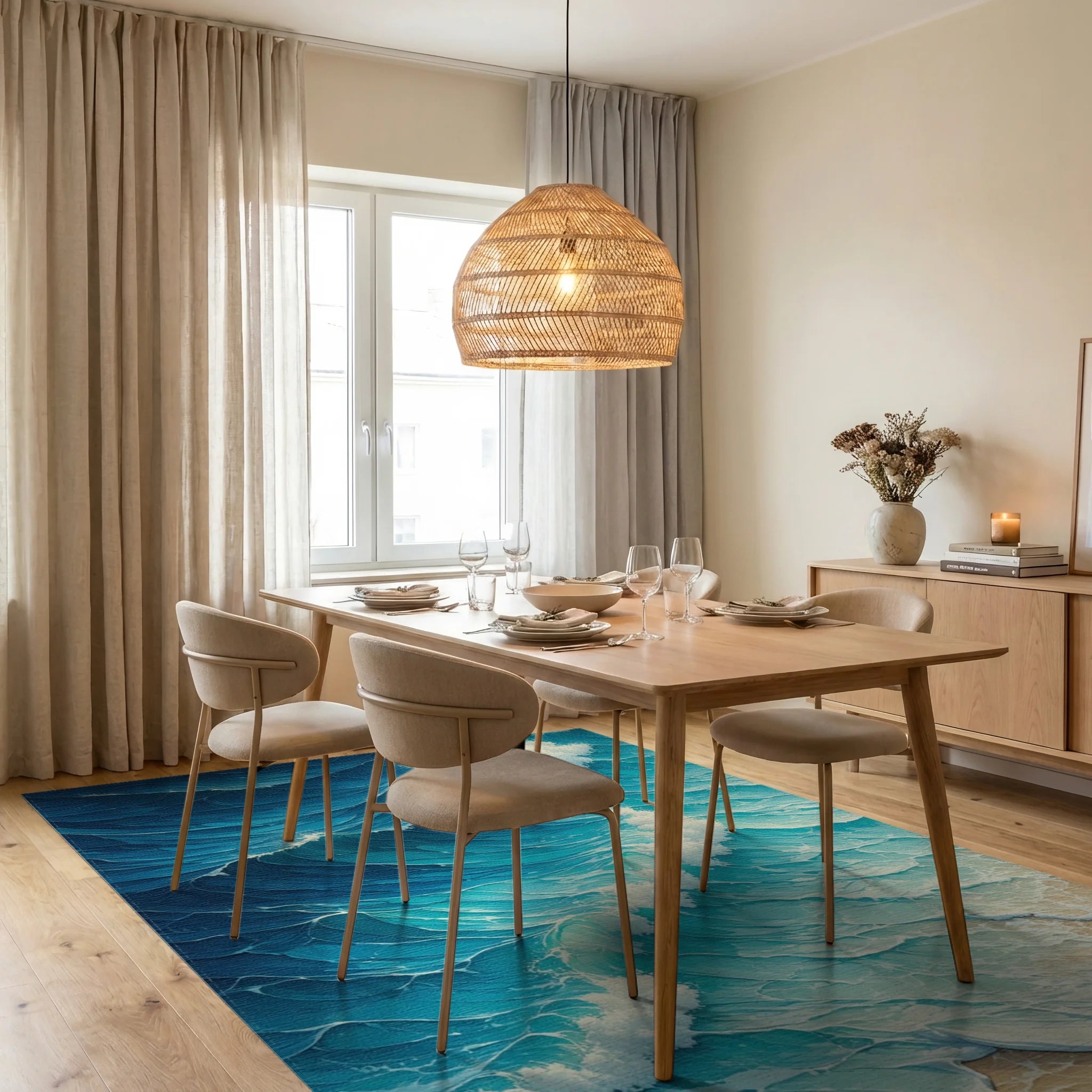 Foamy Crashing Turquoise Waves Rug - Dining Room View