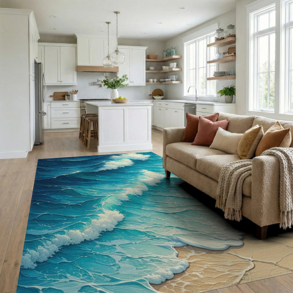 Foamy Crashing Turquoise Waves Rug - Living Room View