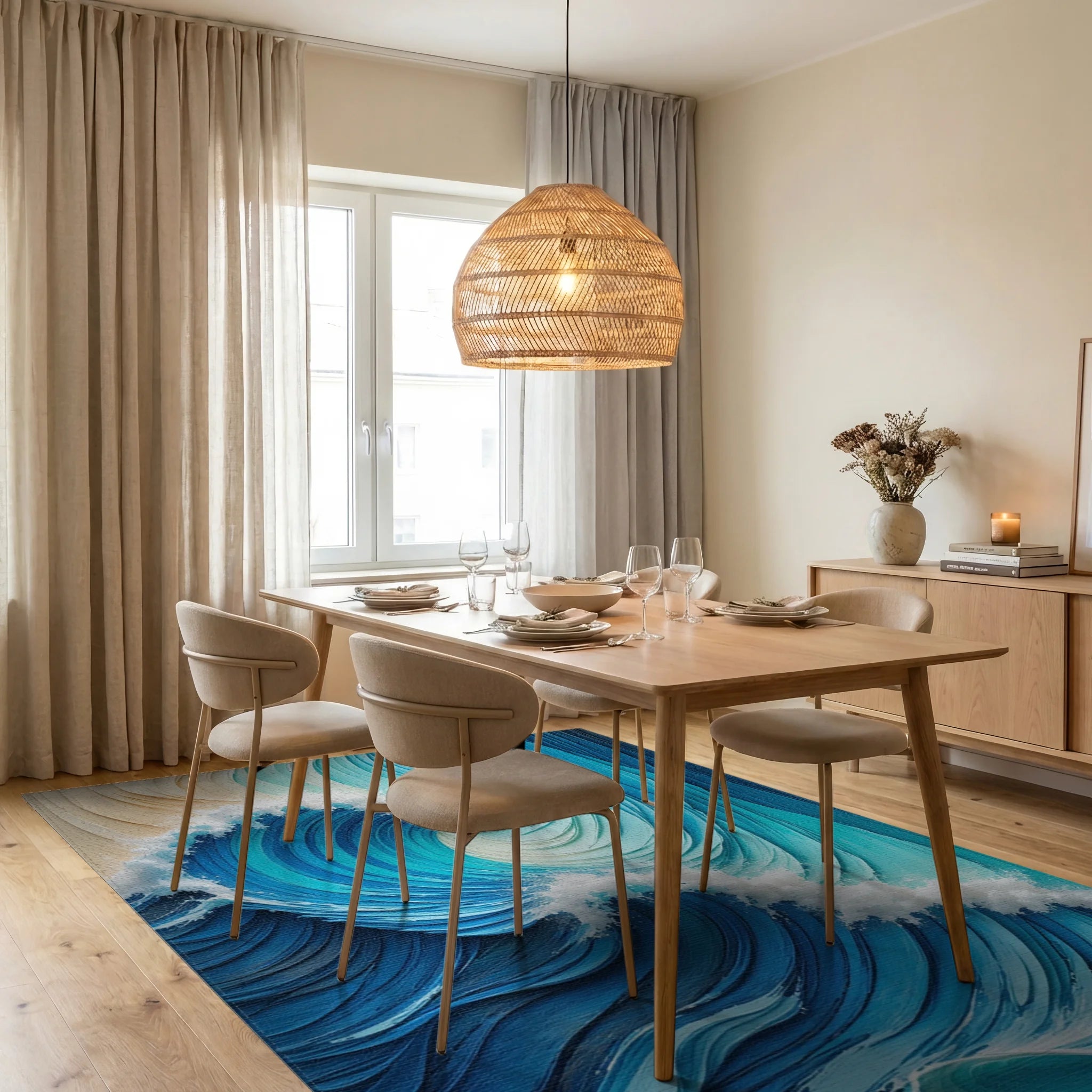 Foamy Curling Blue Teal Rug - Dining Room View