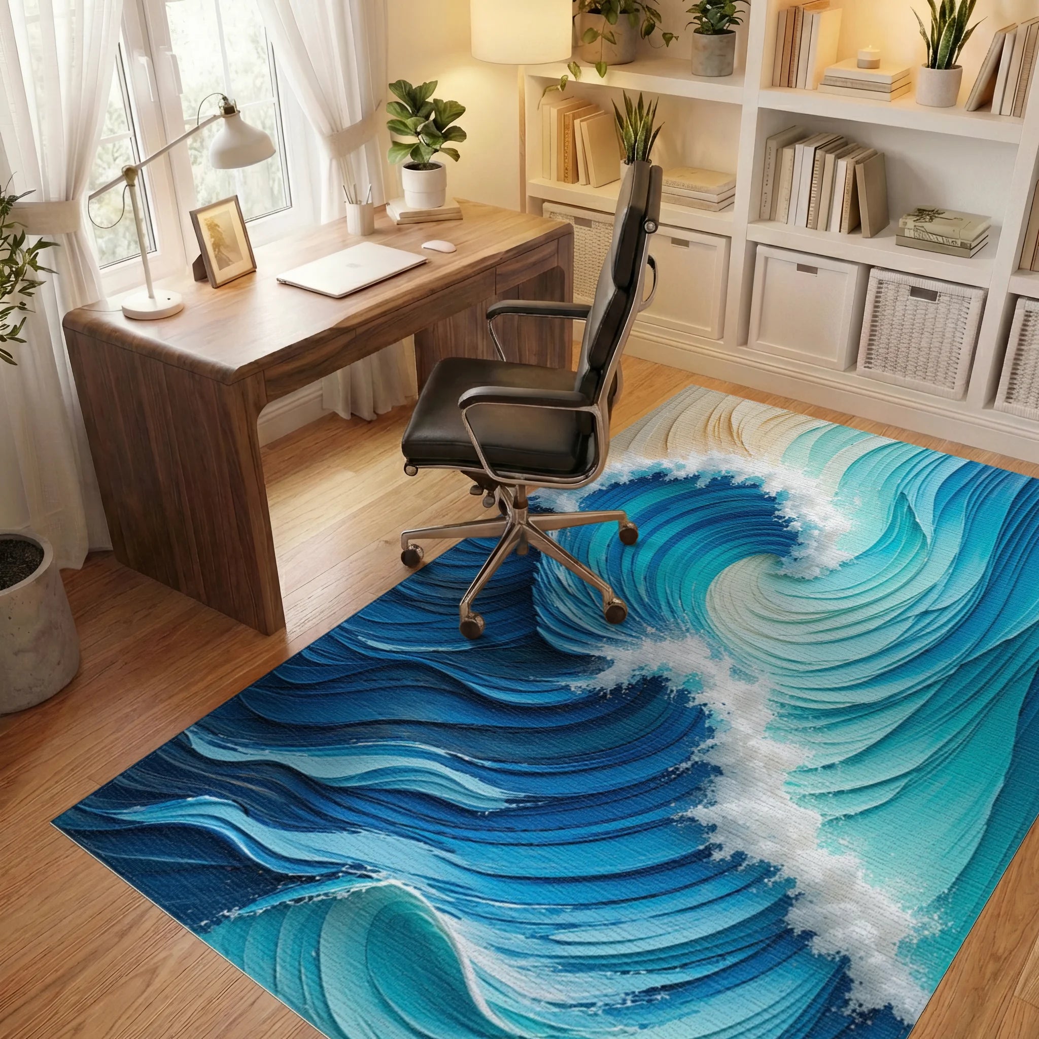 Foamy Curling Blue Teal Rug - Office View