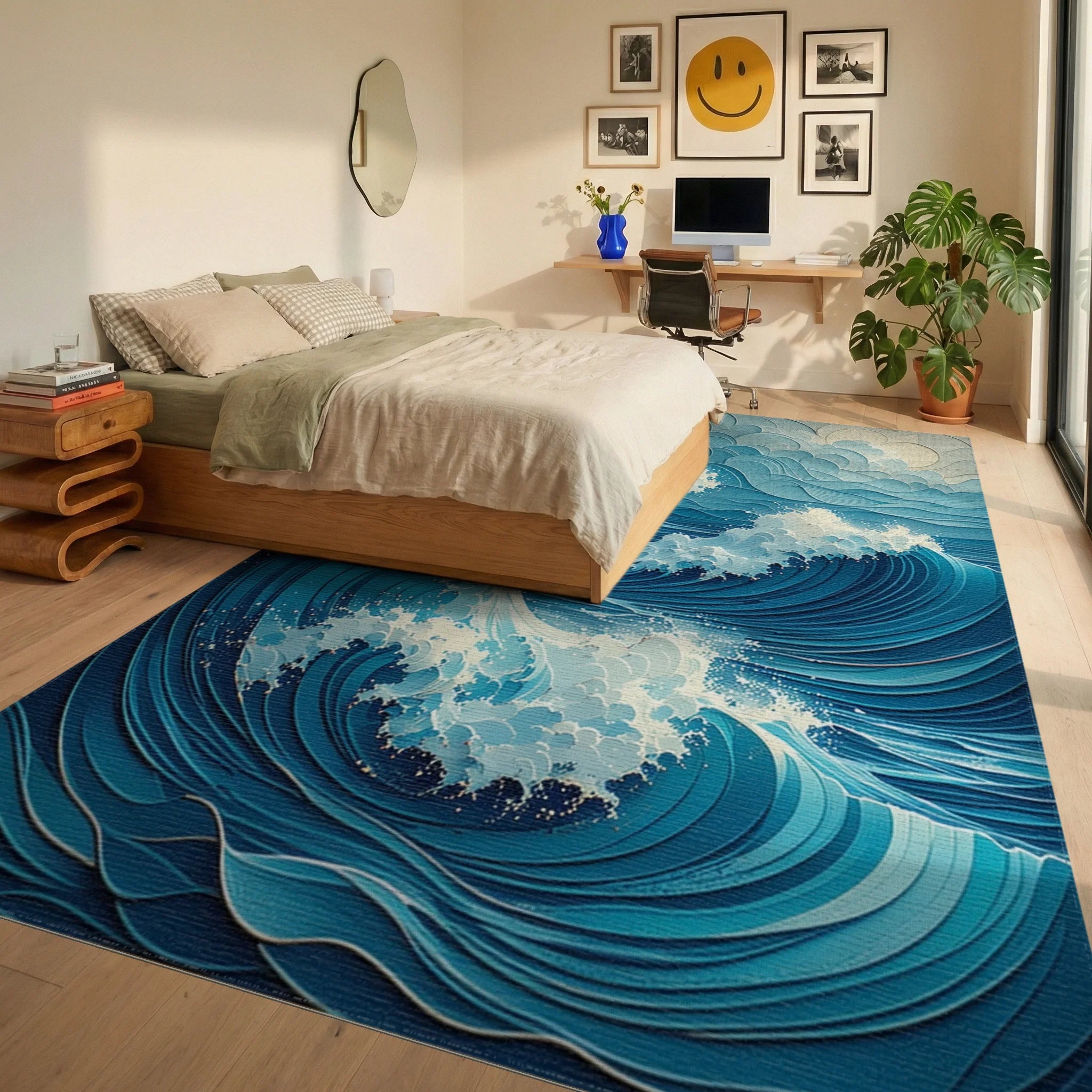 Foamy Layered Blue Waves Rug - Bedroom View