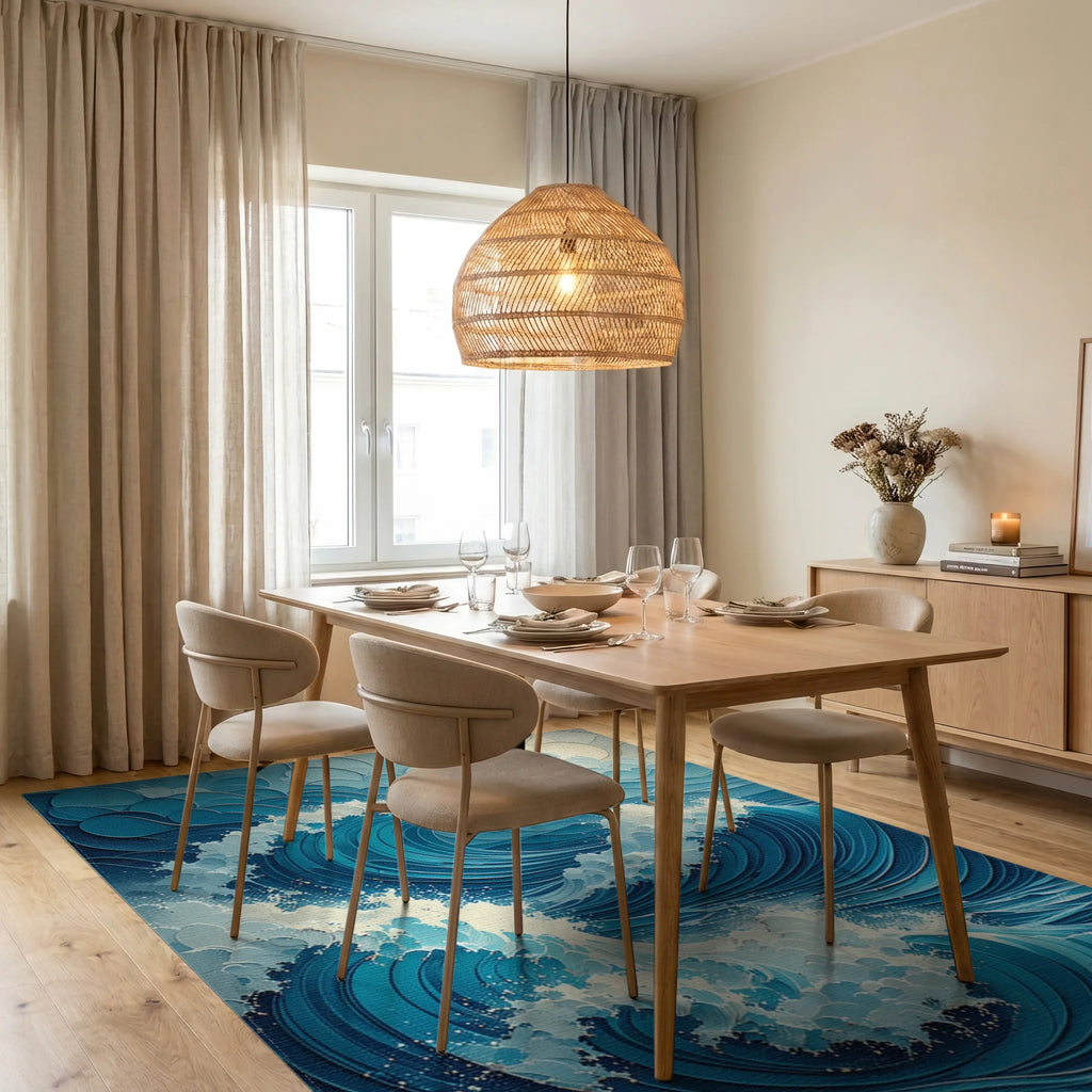 Foamy Layered Blue Waves Rug - Dining Room View