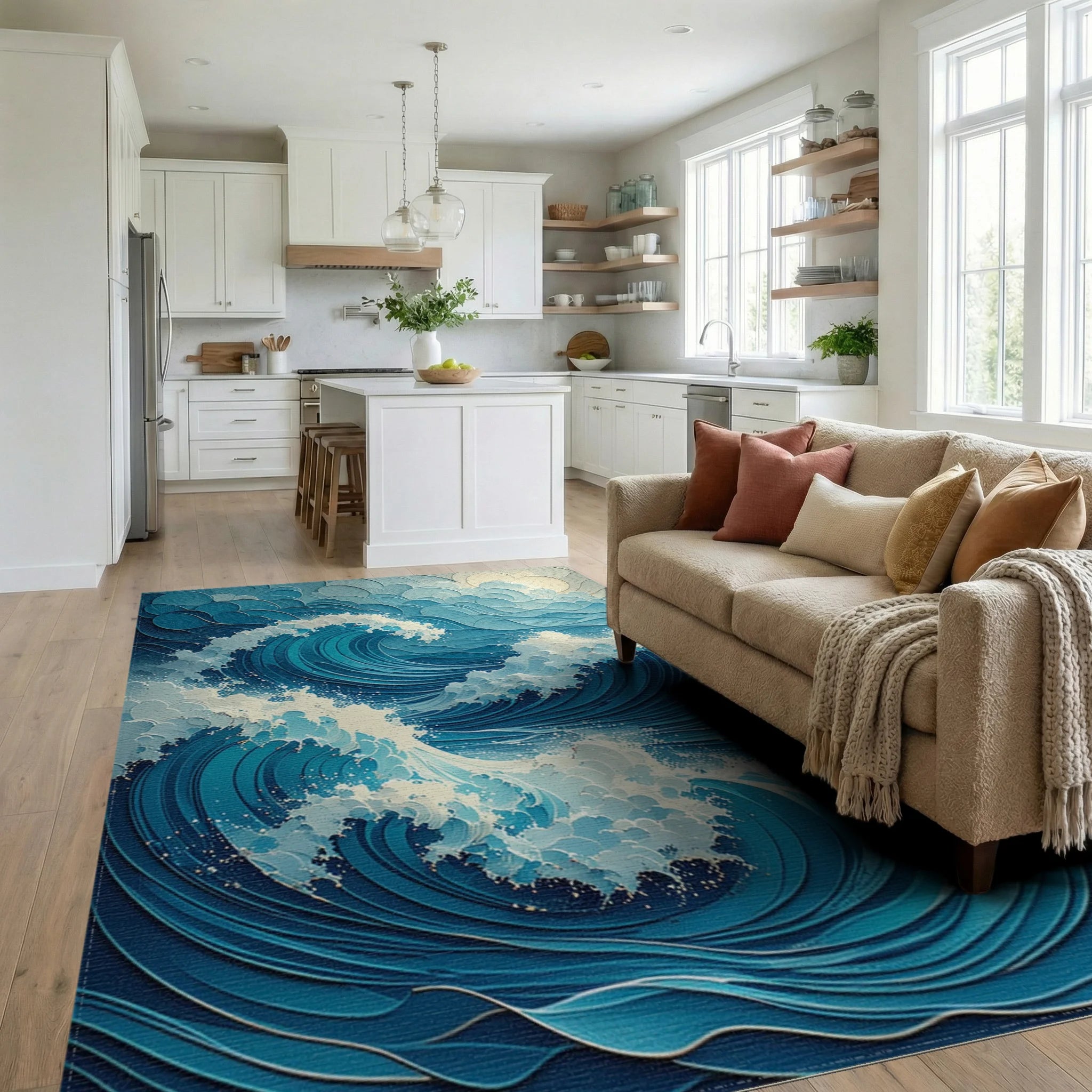 Foamy Layered Blue Waves Rug - Living Room View