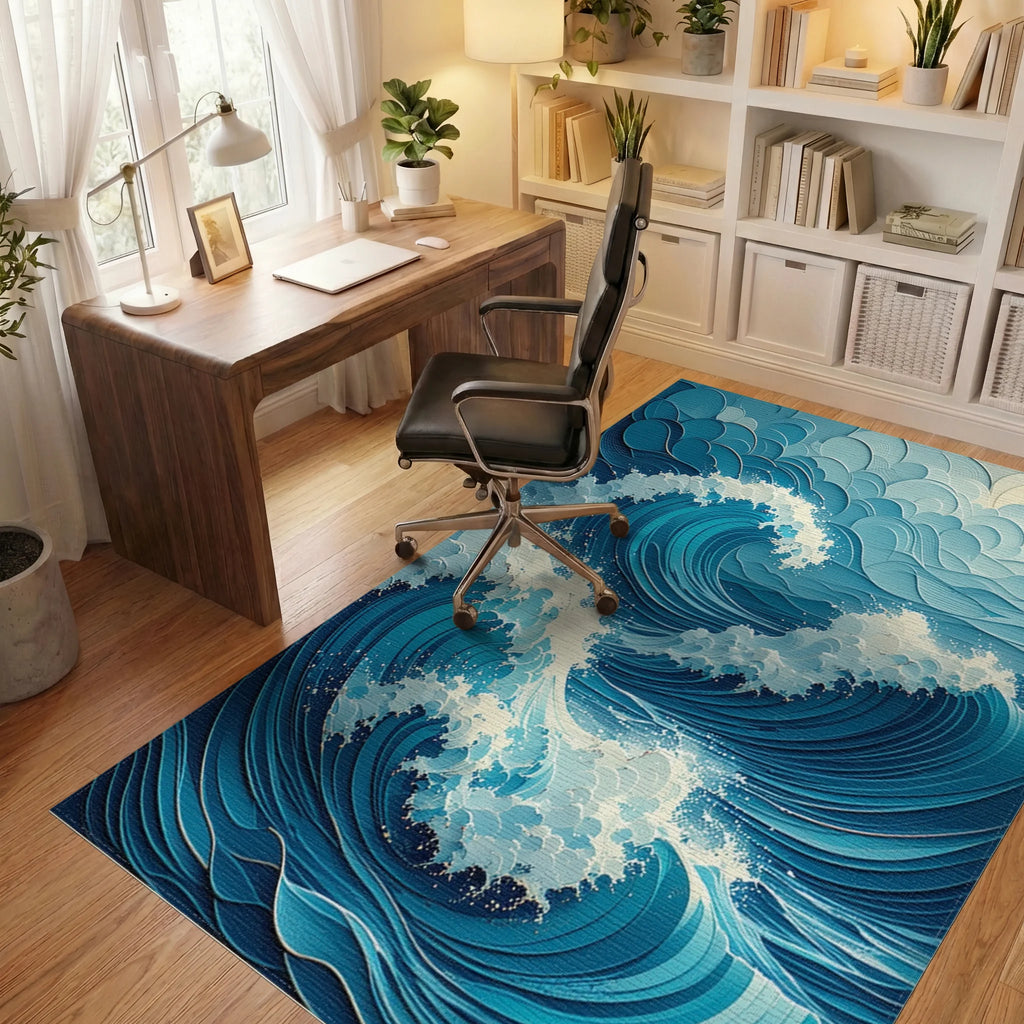 Foamy Layered Blue Waves Rug - Office View