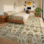 Folk Art Birds Floral Garden Cream Rug Bedroom View