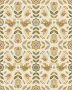 Folk Art Birds Floral Garden Cream Rug - Cutout View
