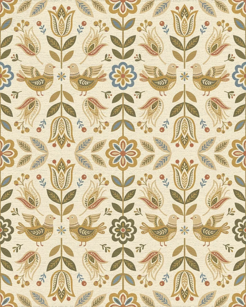 Folk Art Birds Floral Garden Cream Rug - Cutout View