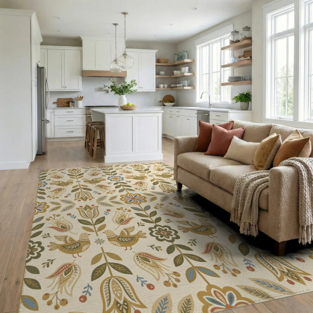 Folk Art Birds Floral Garden Cream Rug Living Room View