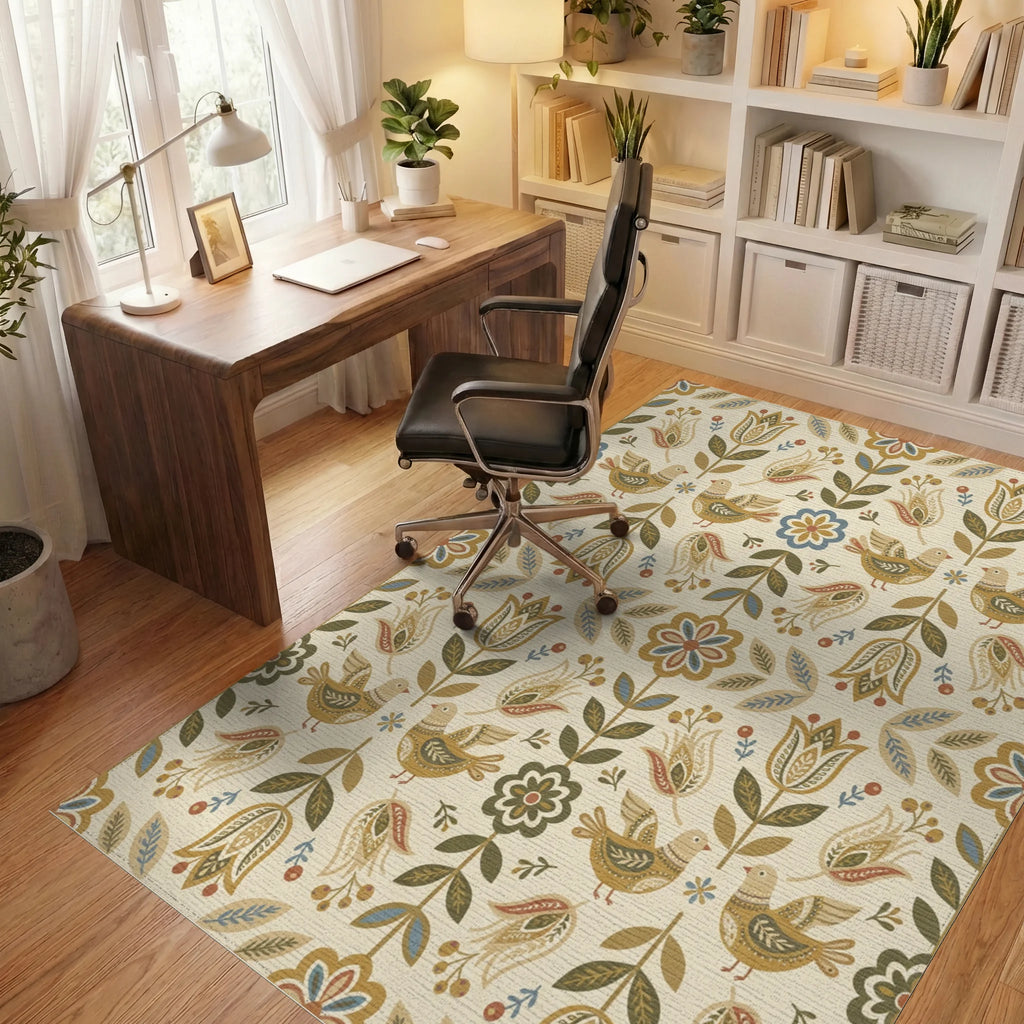 Folk Art Birds Floral Garden Cream Rug Office View