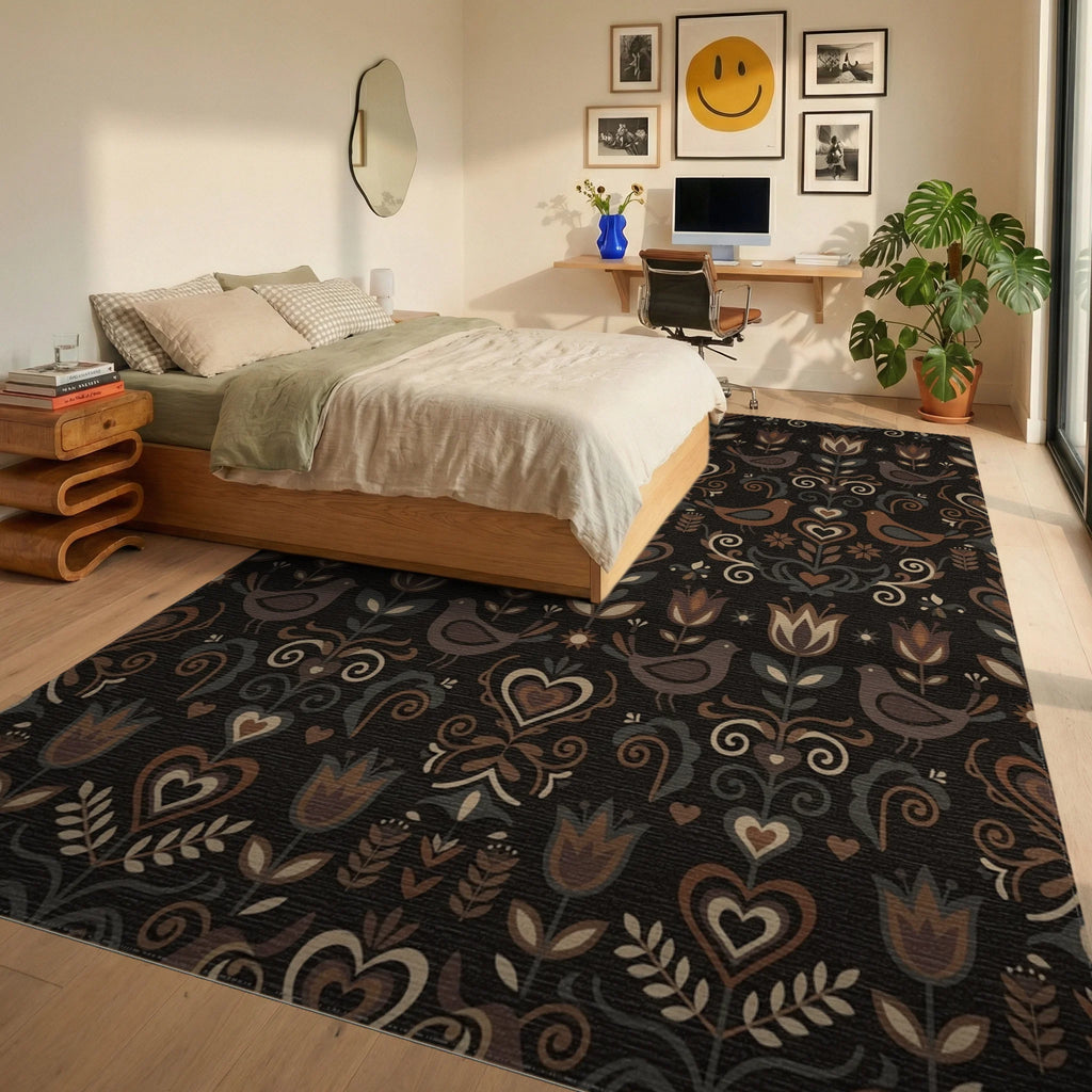 Folk Art Birds Flowers Hearts Earth Tones Rug Bedroom View
