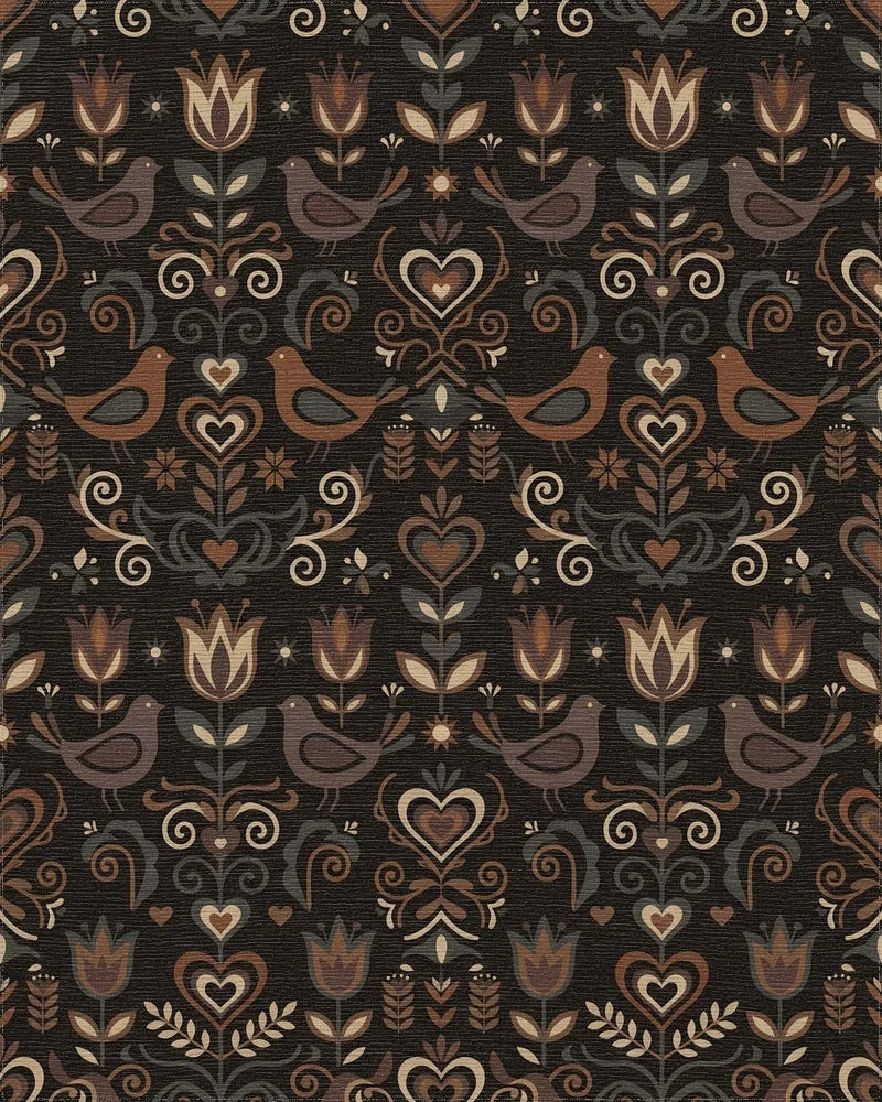 Folk Art Birds Flowers Hearts Earth Tones Rug - Cutout View