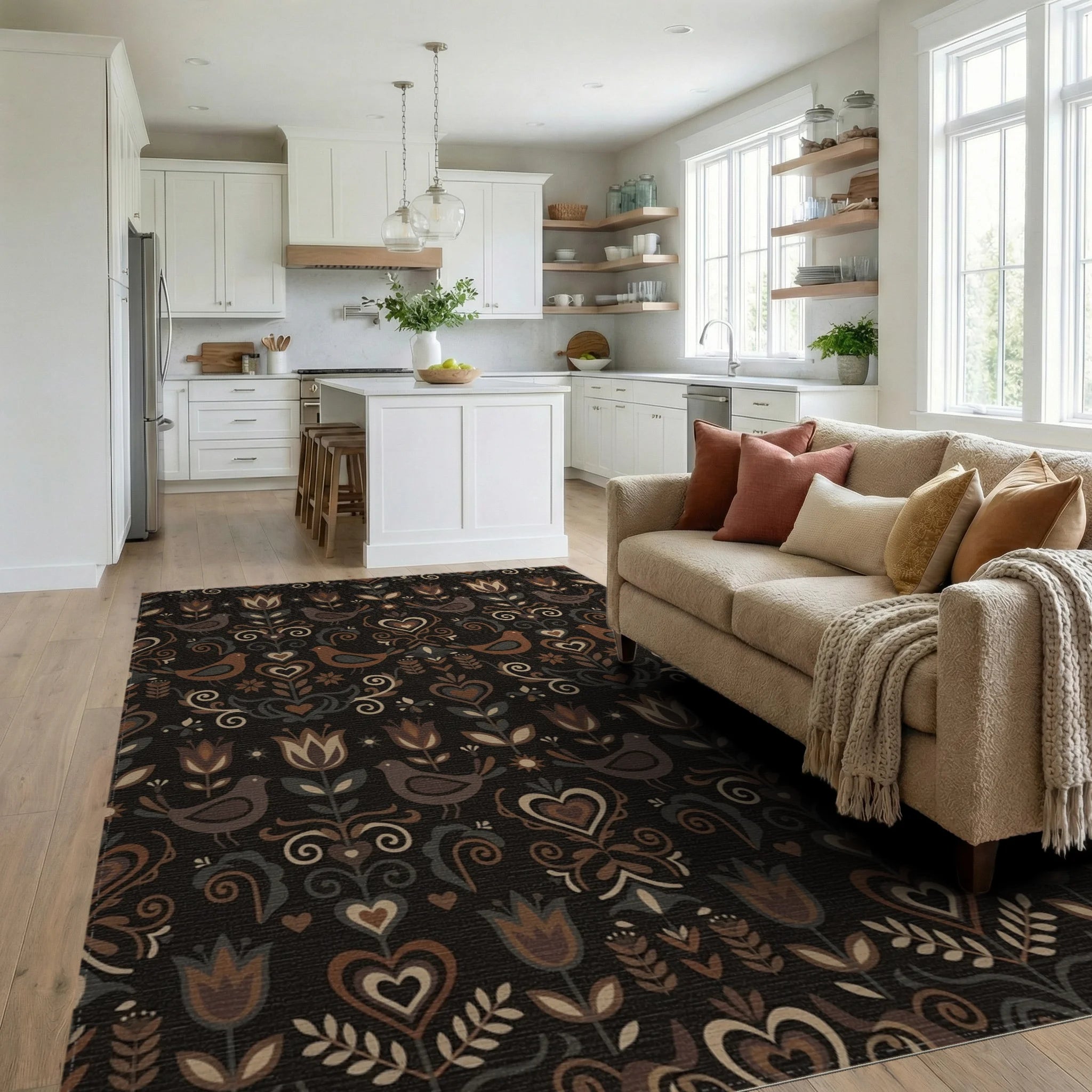 Folk Art Birds Flowers Hearts Earth Tones Rug Living Room View
