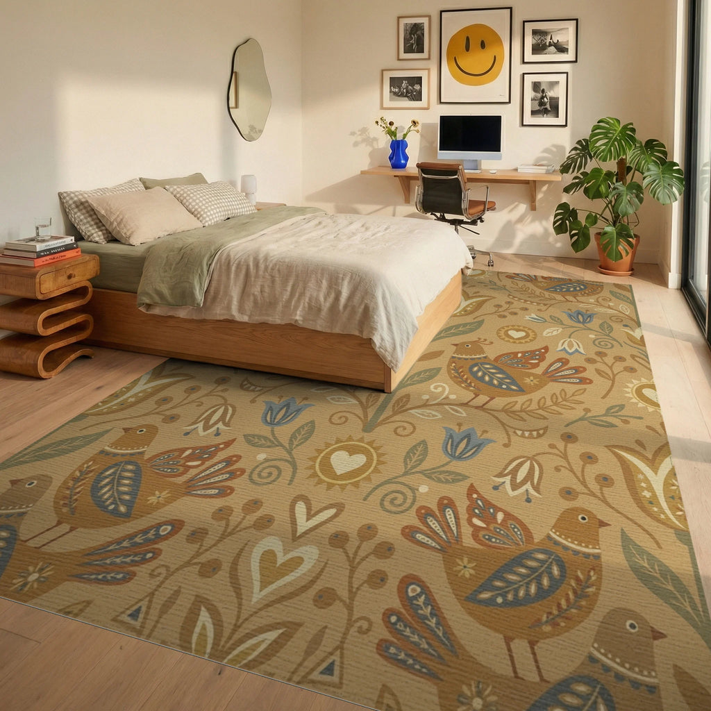 Folk Art Inspired Birds Floral Ochre Rug Bedroom View