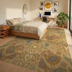 Folk Art Inspired Birds Floral Ochre Rug Bedroom View