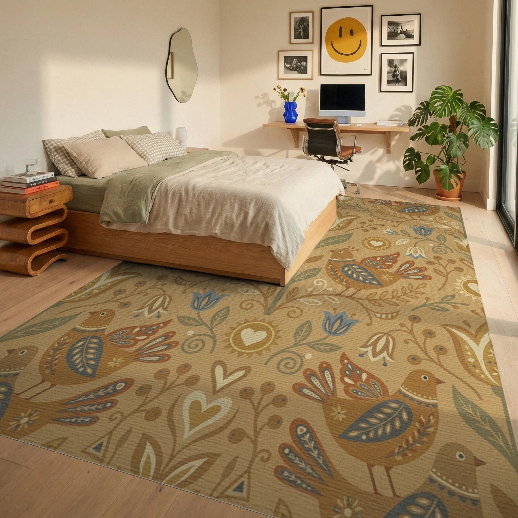 Folk Art Inspired Birds Floral Ochre Rug Bedroom View