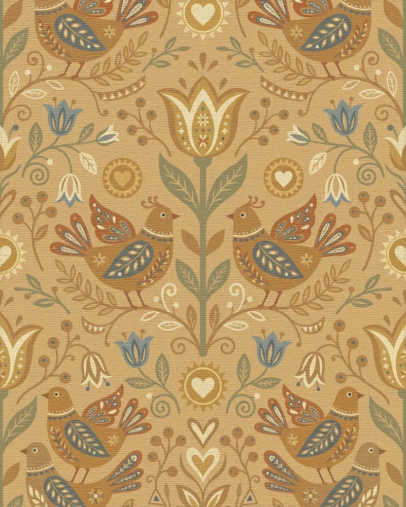 Folk Art Inspired Birds Floral Ochre Rug - Cutout View