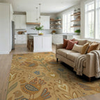 Folk Art Inspired Birds Floral Ochre Rug Living Room View