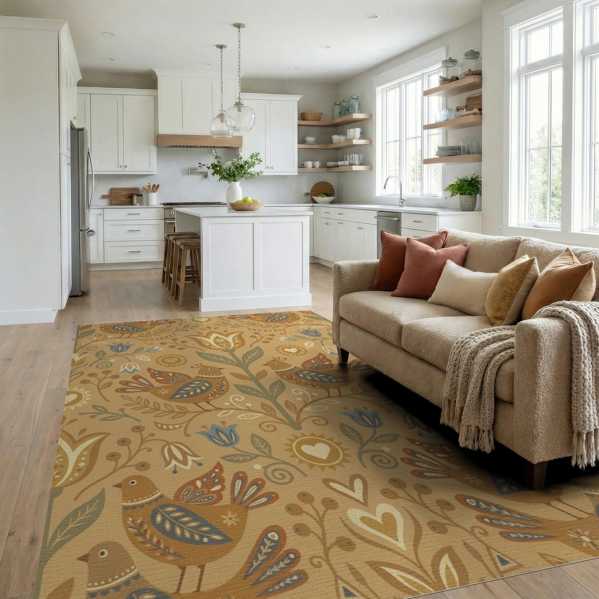 Folk Art Inspired Birds Floral Ochre Rug Living Room View