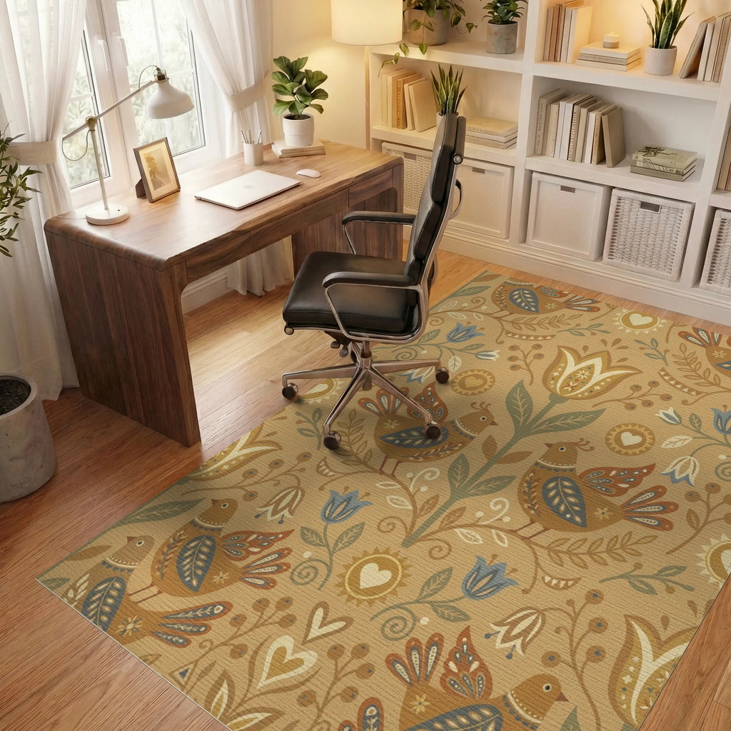 Folk Art Inspired Birds Floral Ochre Rug Office View