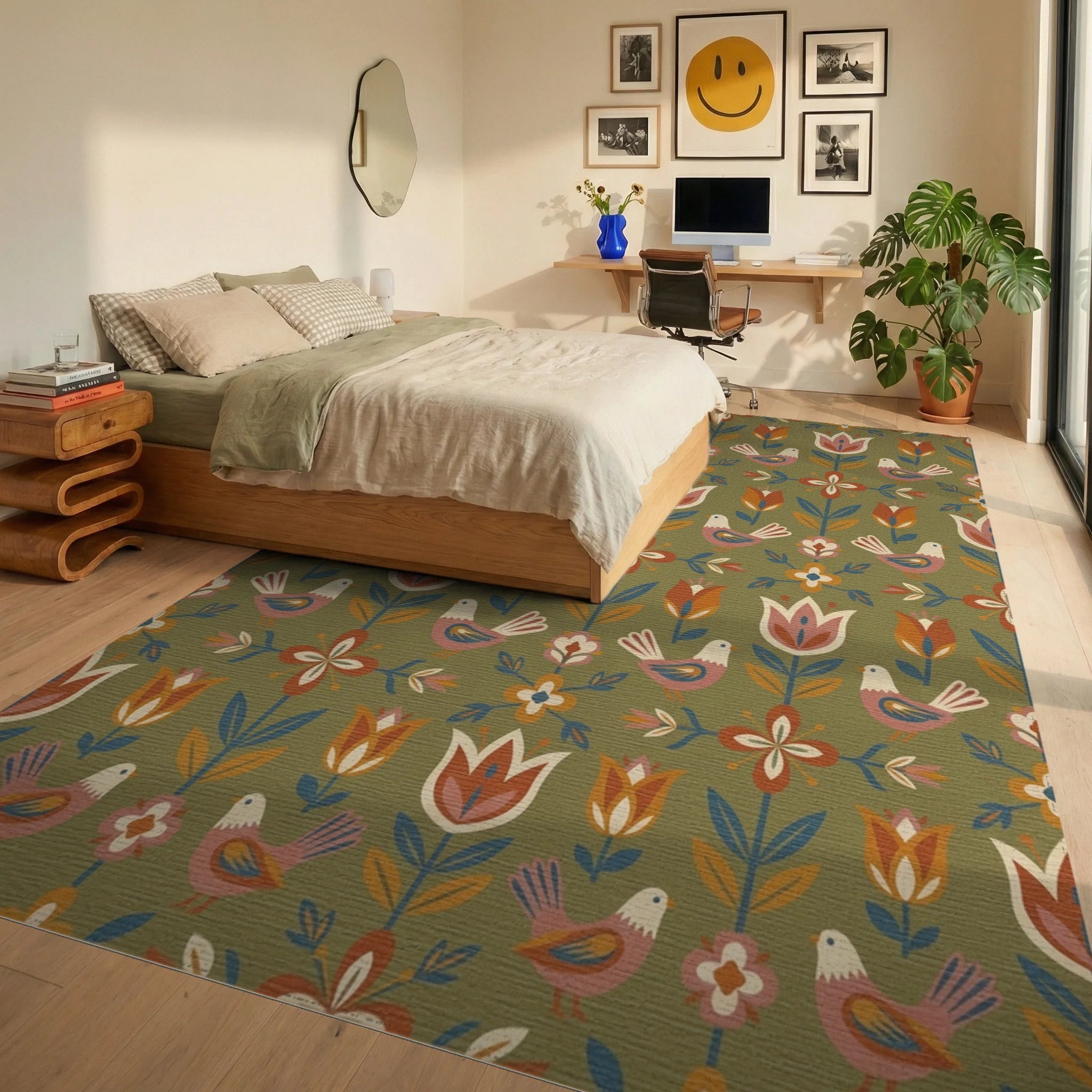 Folk Art Stylized Birds Floral Landscape Rug Bedroom View