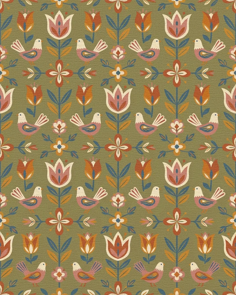 Folk Art Stylized Birds Floral Landscape Rug - Cutout View