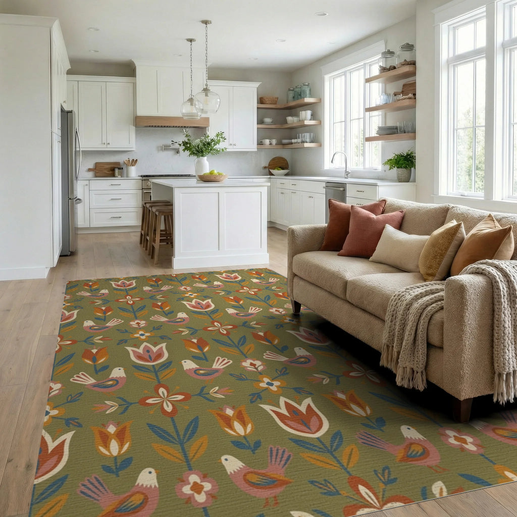 Folk Art Stylized Birds Floral Landscape Rug Living Room View