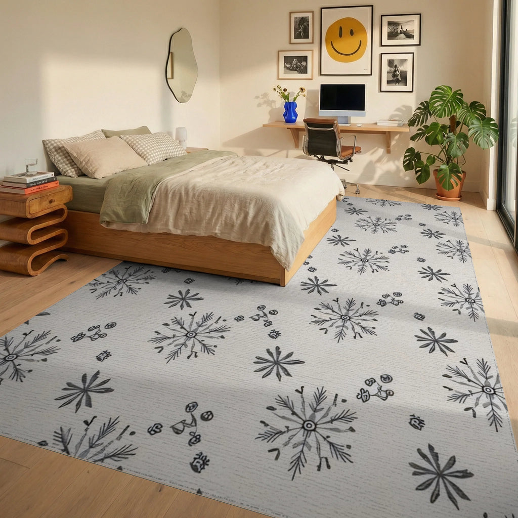 Folk Snowflakes And Buds Pattern Rug - Bedroom View