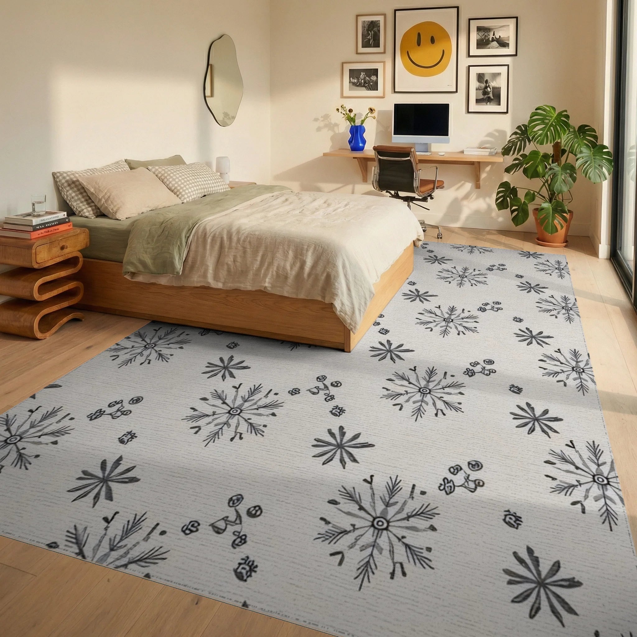Folk Snowflakes And Buds Pattern Rug - Bedroom View