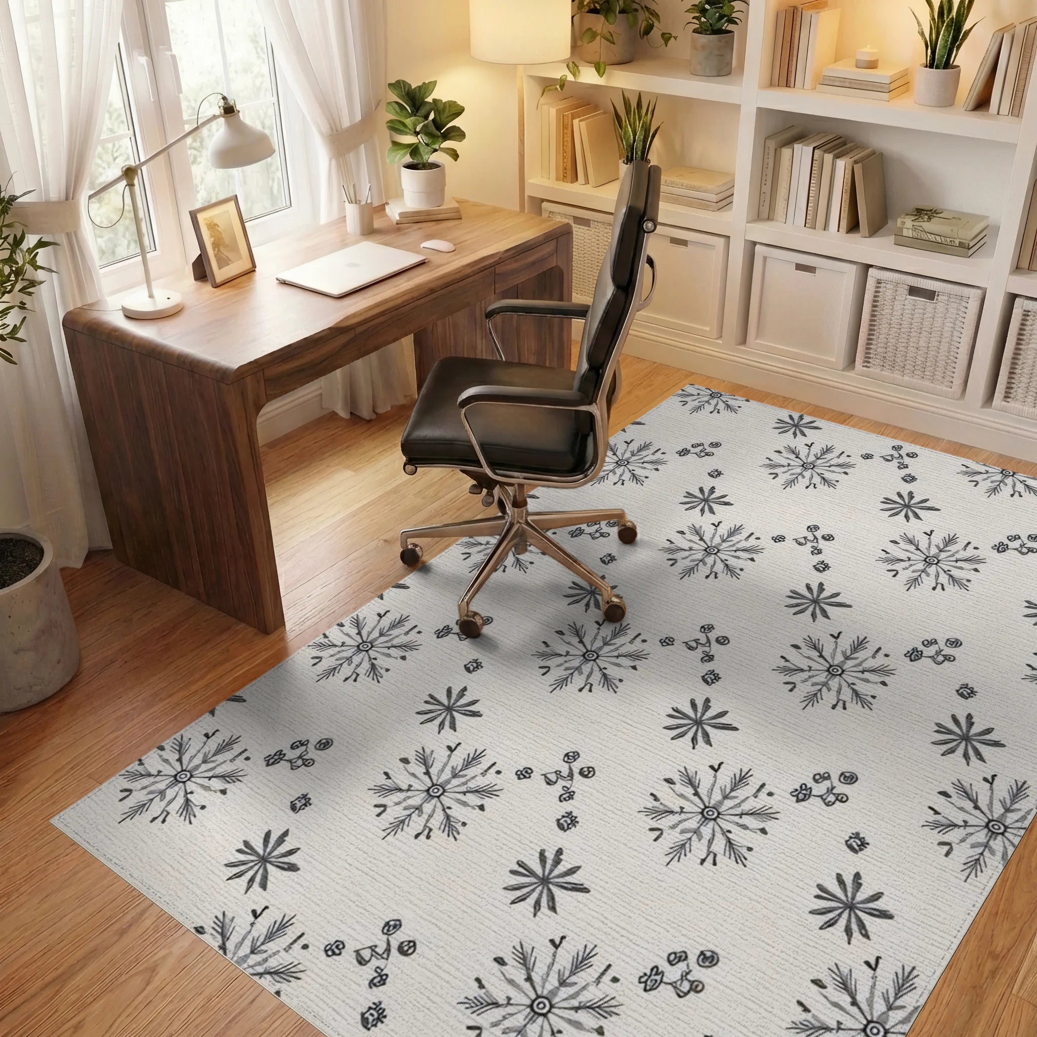 Folk Snowflakes And Buds Pattern Rug - Office View
