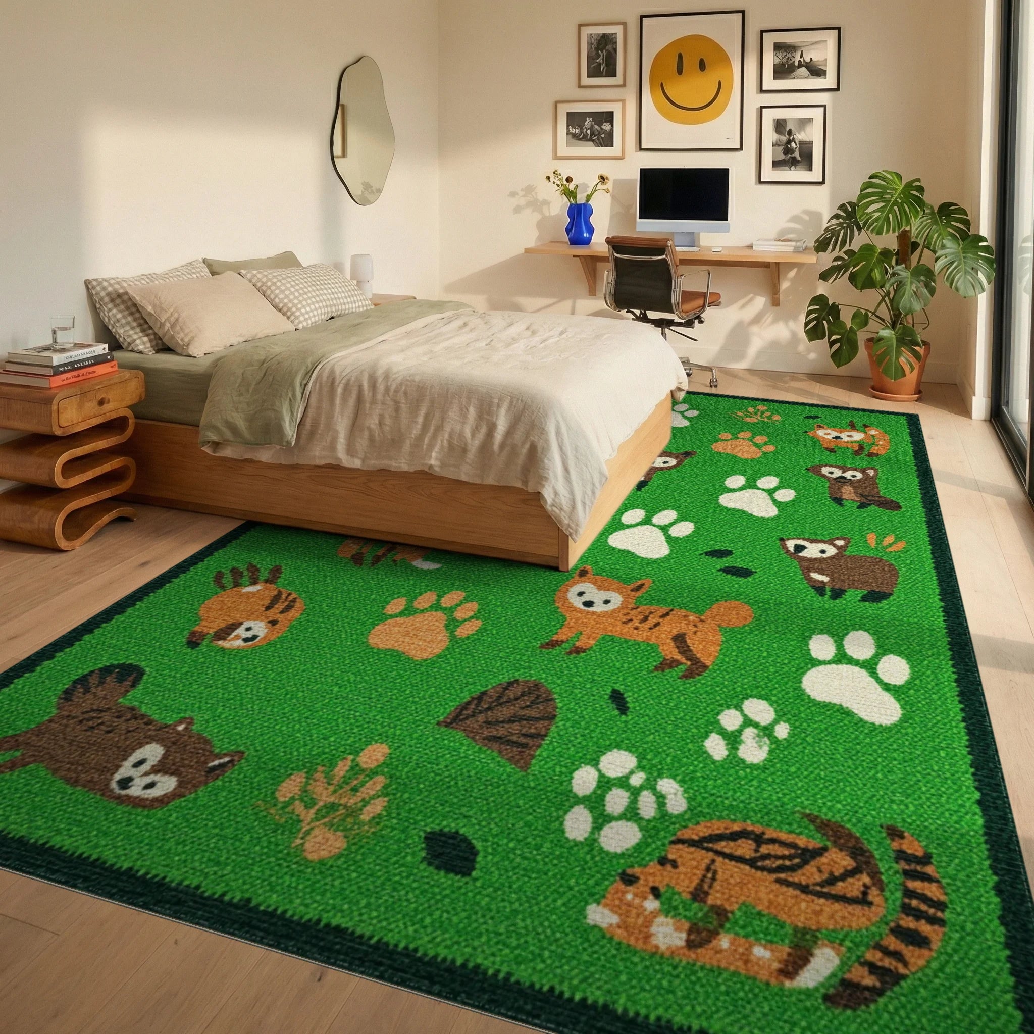 Forest Friends Paw Print Medley Rug - Bedroom View