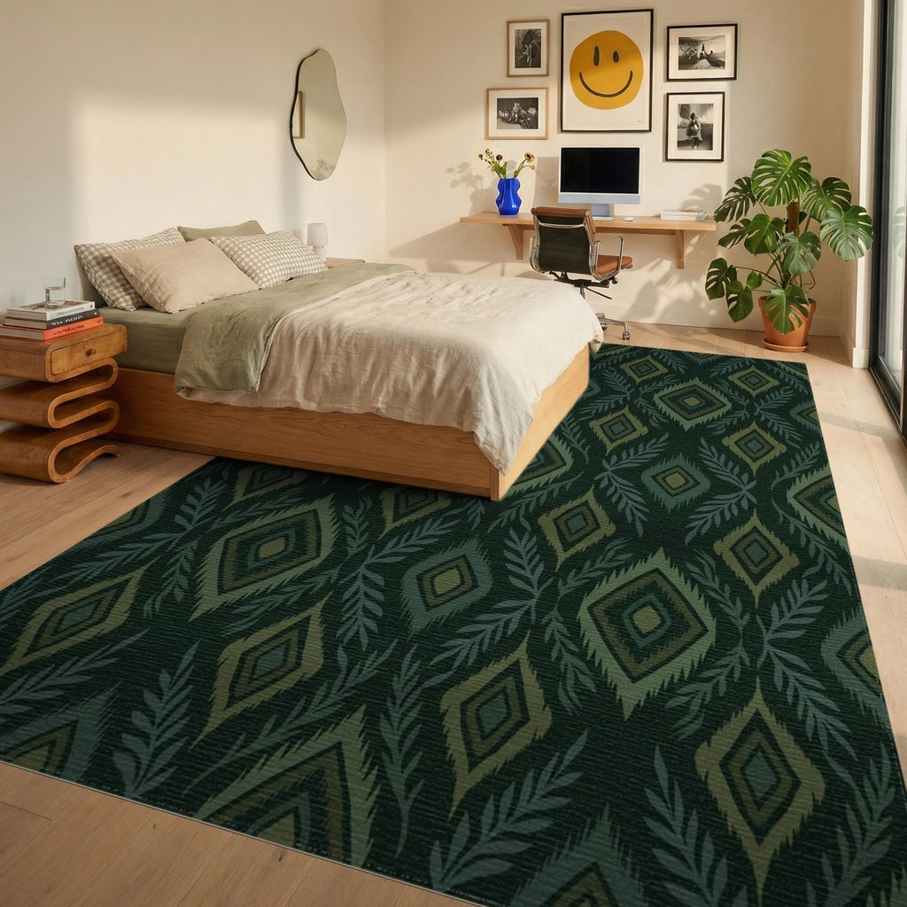 Forest Green Diamond Leaf Medallion Rug Bedroom View
