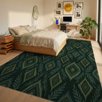 Forest Green Diamond Leaf Medallion Rug Bedroom View