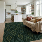 Forest Green Diamond Leaf Medallion Rug Living Room View