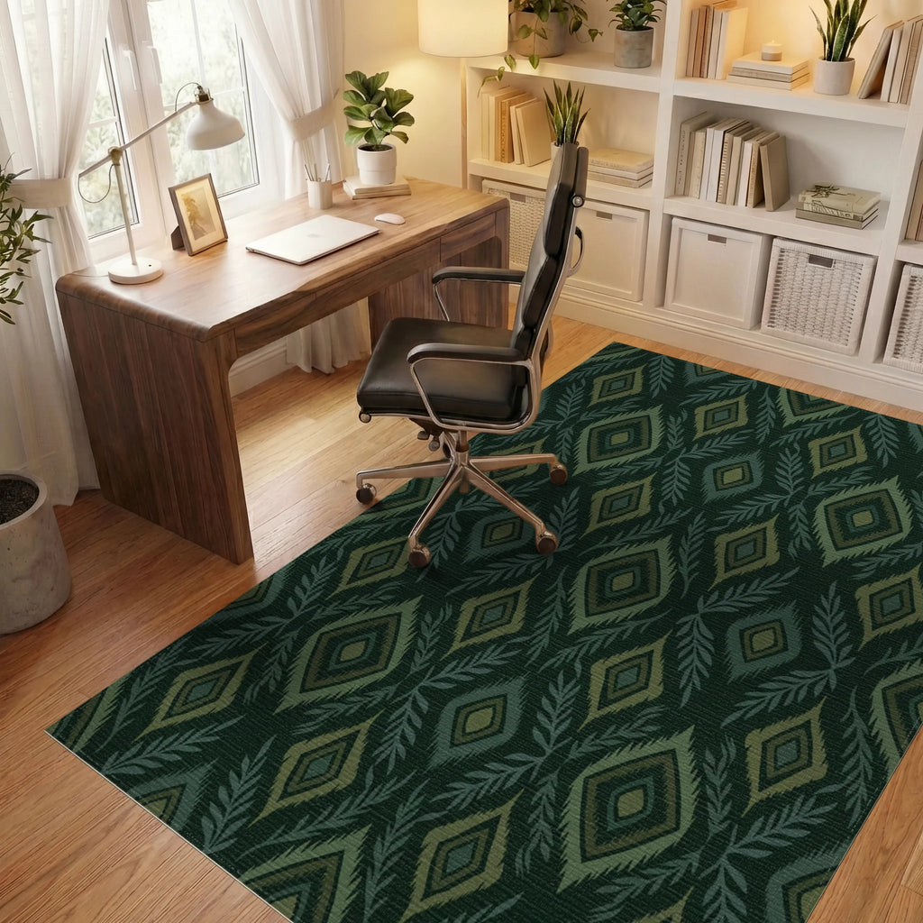Forest Green Diamond Leaf Medallion Rug Office View