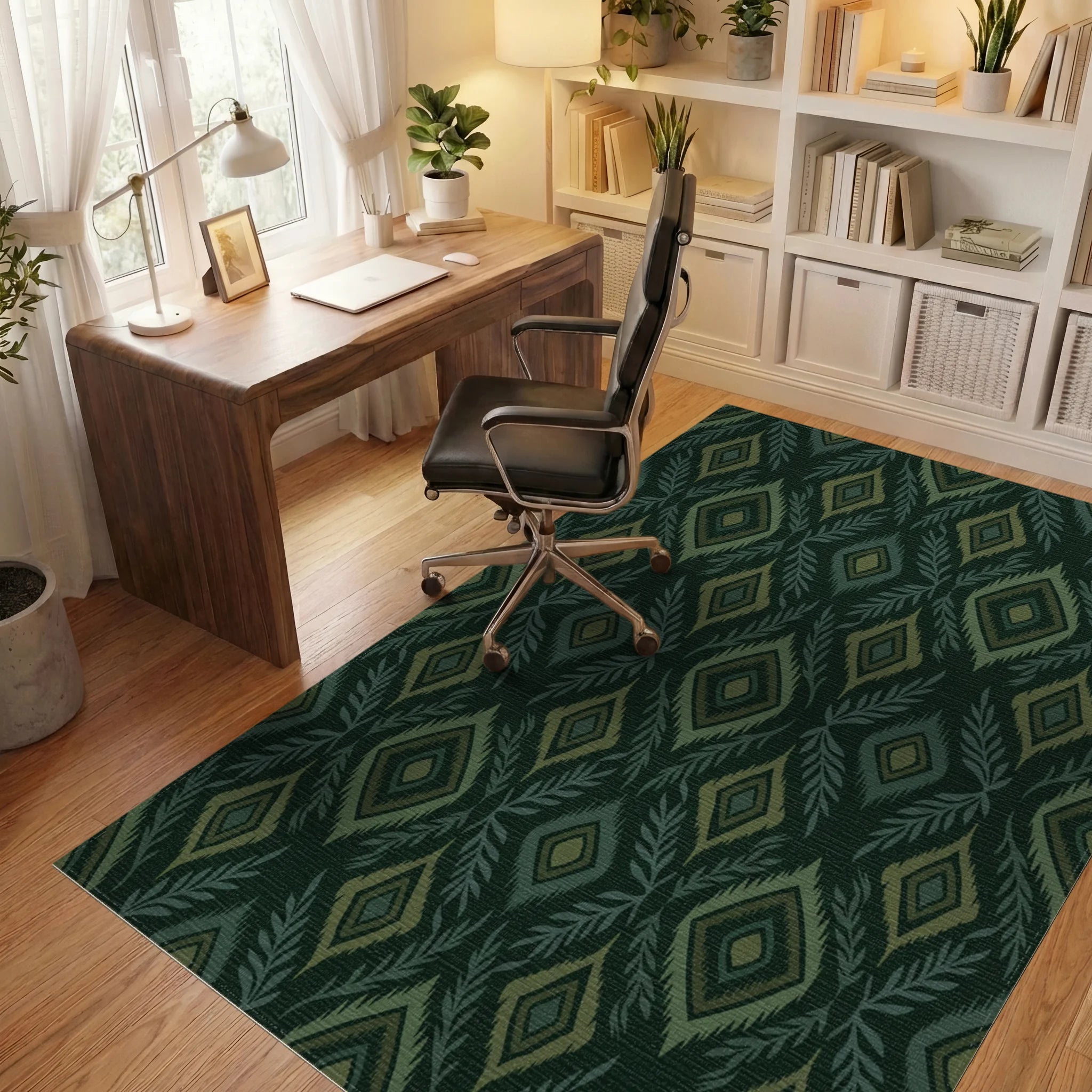 Forest Green Diamond Leaf Medallion Rug Office View