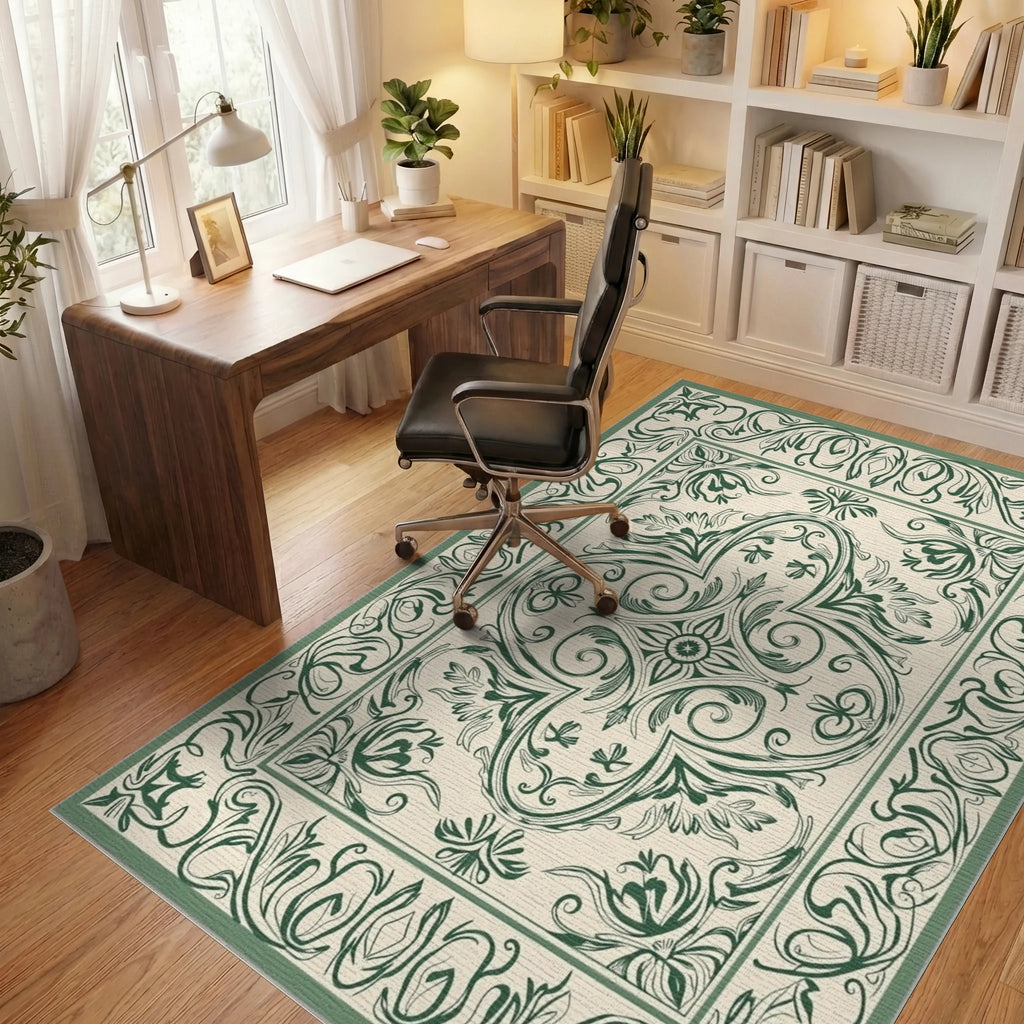 Forest Green Floral Scroll Meadow Rug Office View