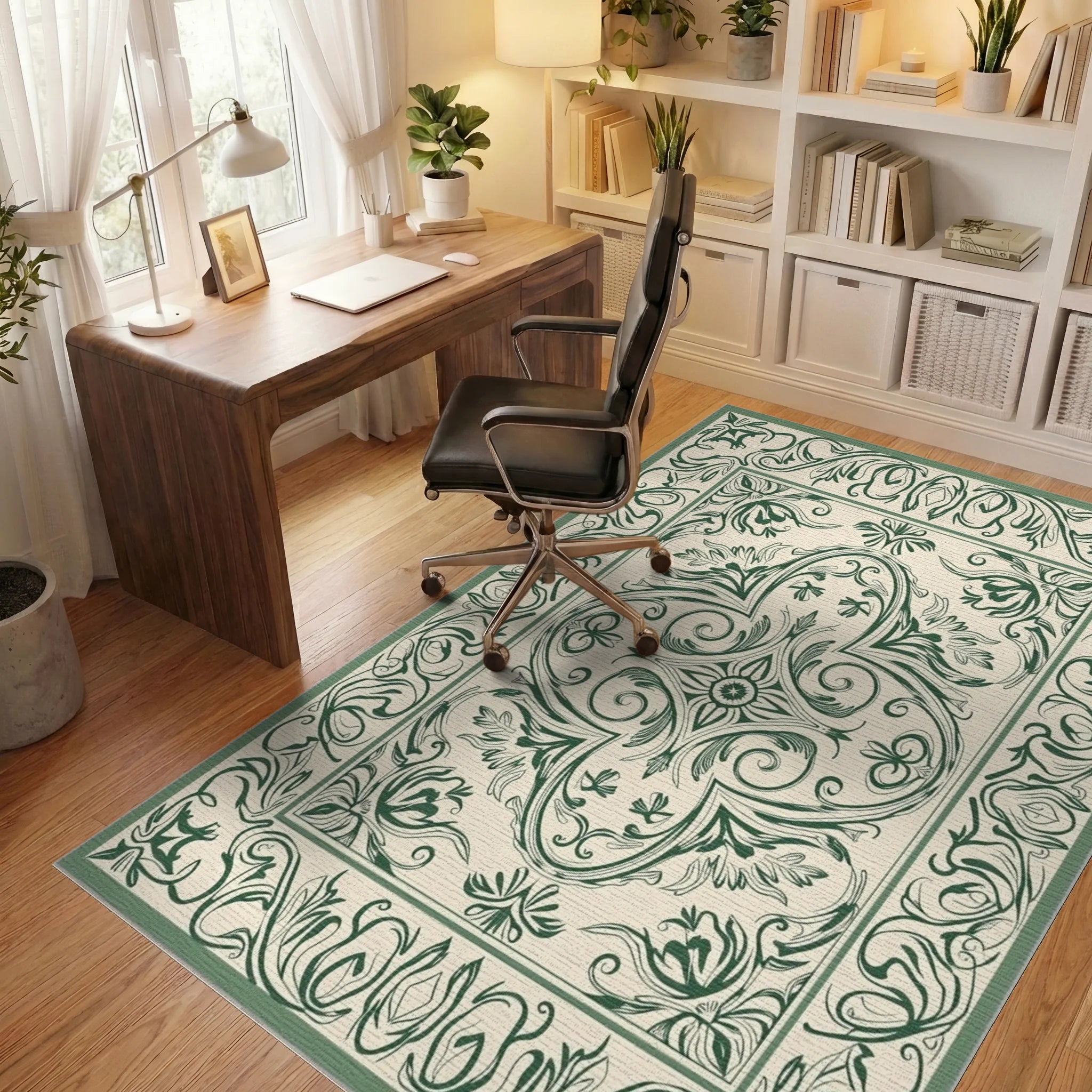 Forest Green Floral Scroll Meadow Rug Office View