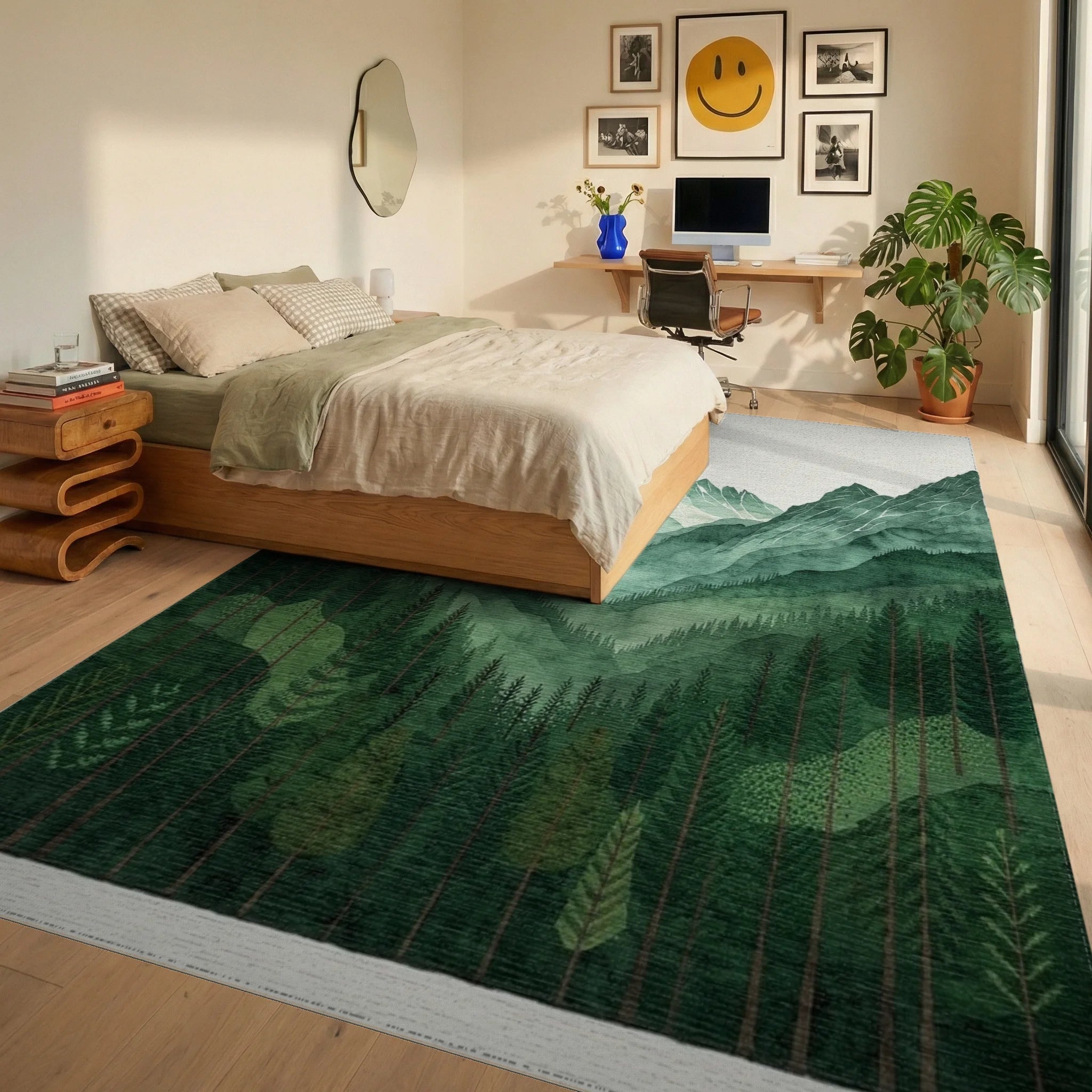 Forest Green Mountain Layers Watercolor Rug - Bedroom View