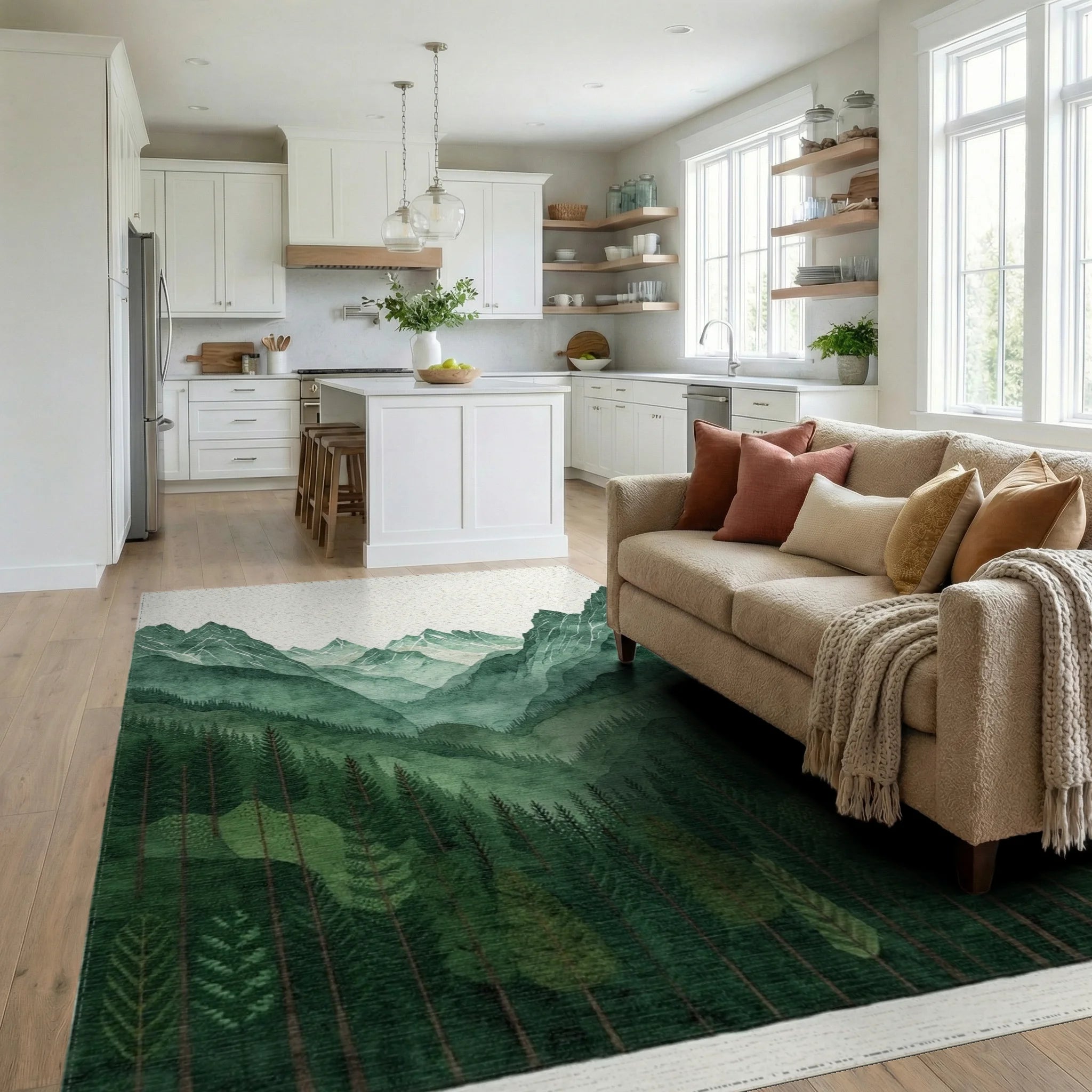 Forest Green Mountain Layers Watercolor Rug - Living Room View
