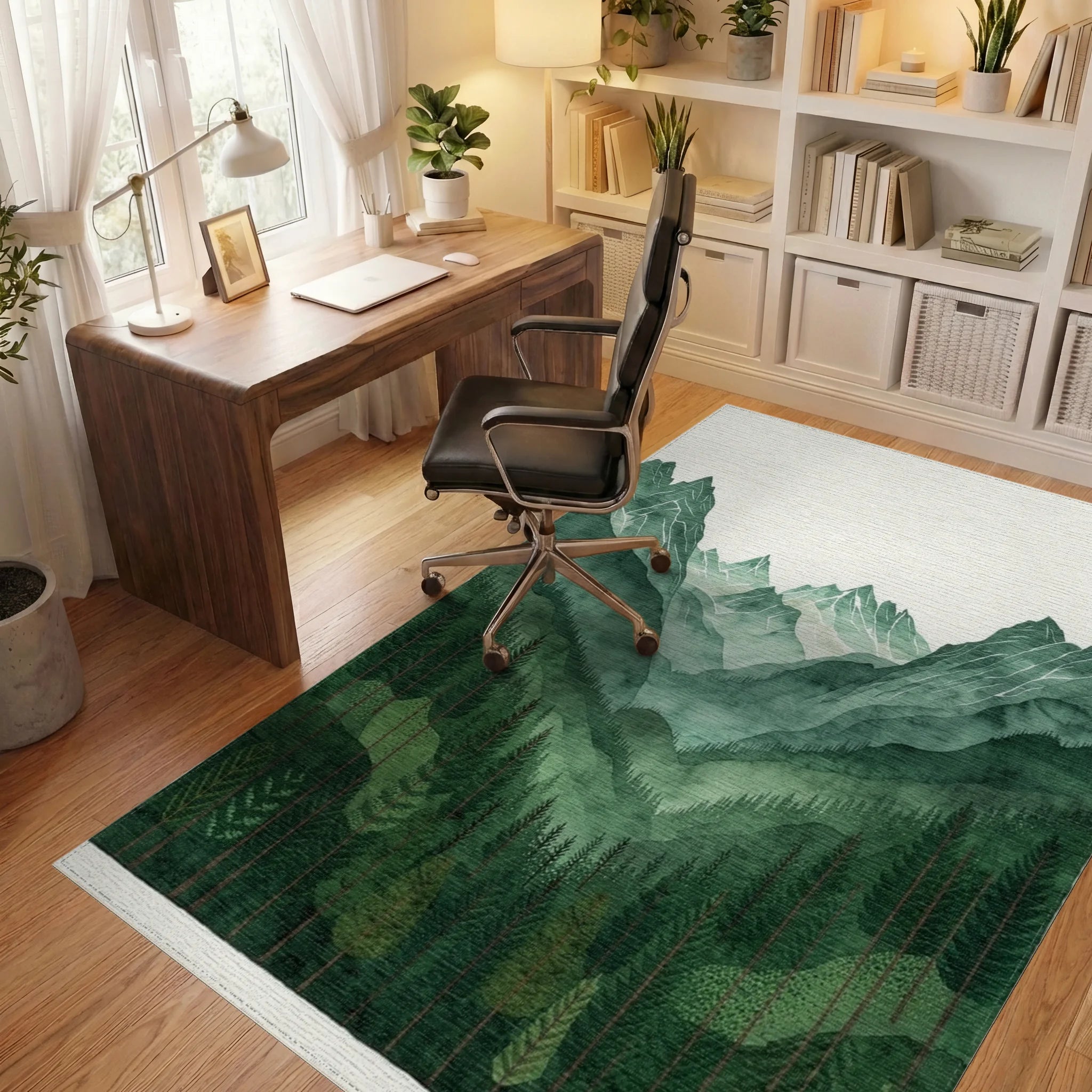 Forest Green Mountain Layers Watercolor Rug - Office View