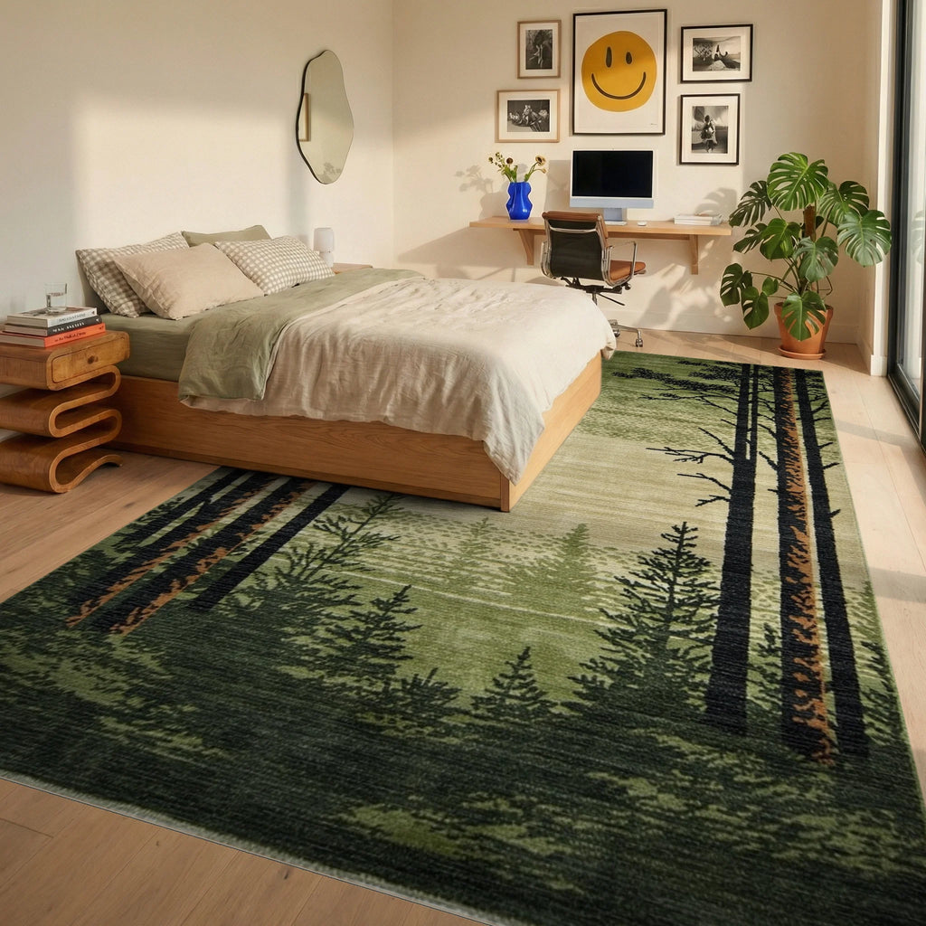 Forest Landscape Tall Pine Trees Rug - Bedroom View