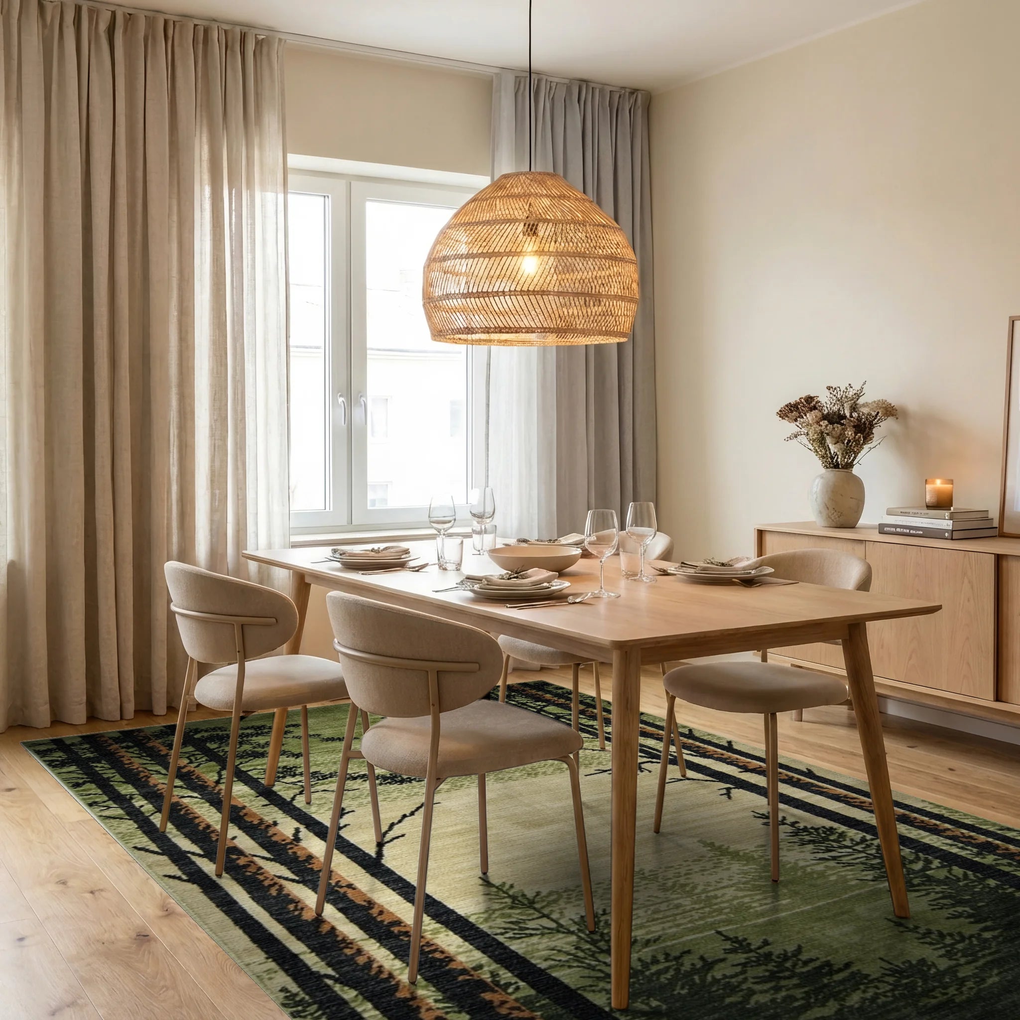 Forest Landscape Tall Pine Trees Rug - Dining Room View