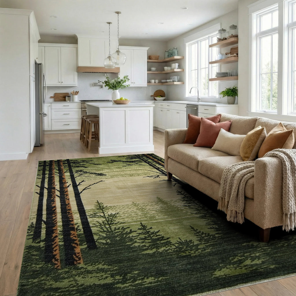 Forest Landscape Tall Pine Trees Rug - Living Room View