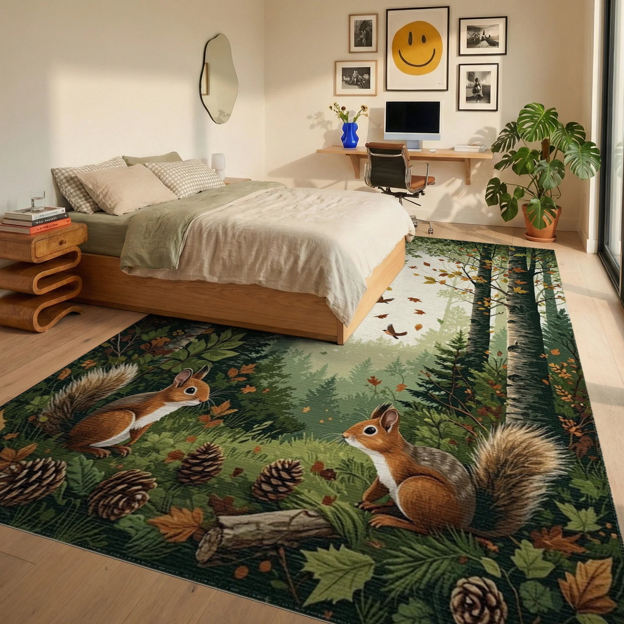 Forest Scene With Squirrels Bird Design Rug - Bedroom View